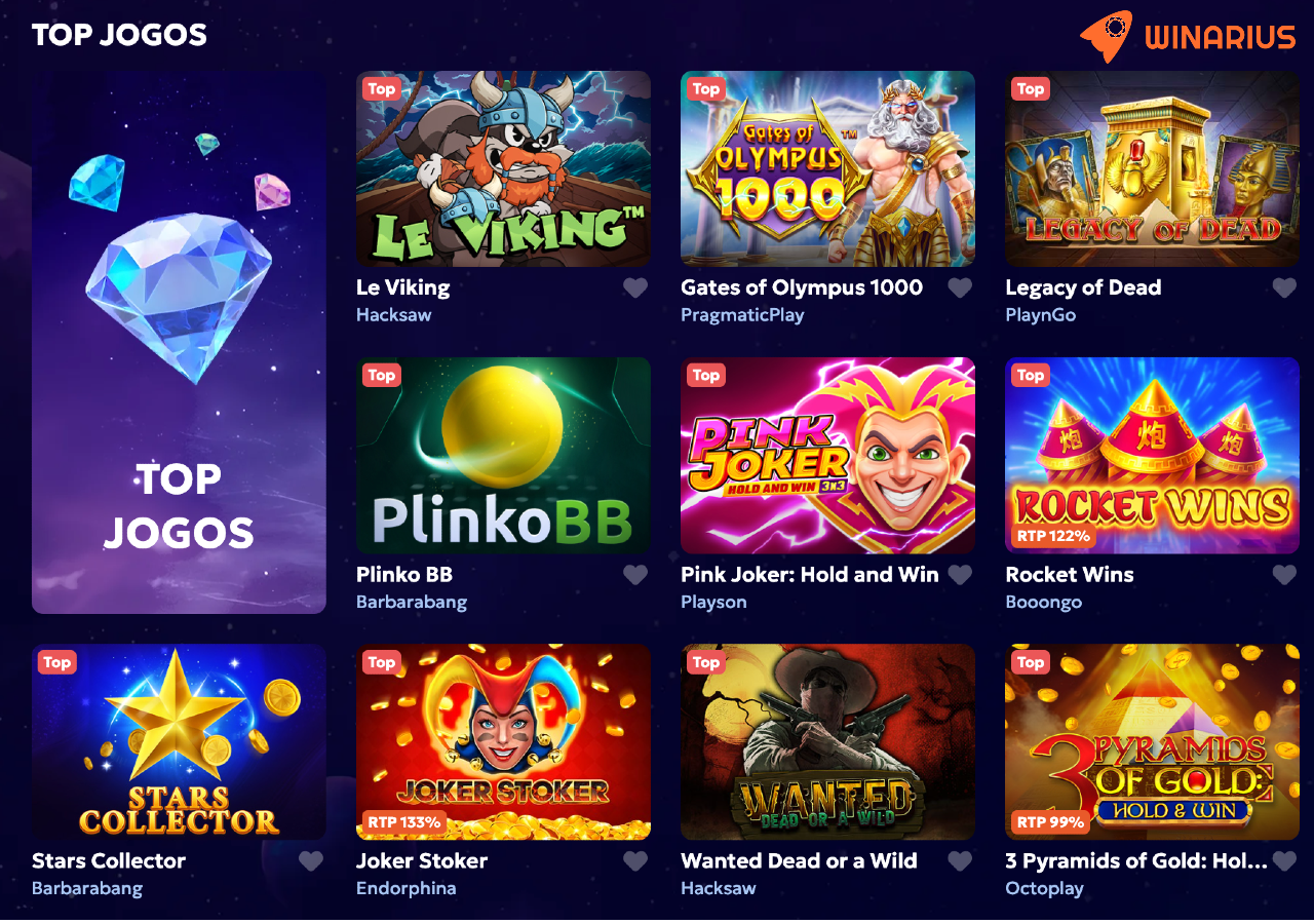 winarius_ casino main page with exciting gambling games